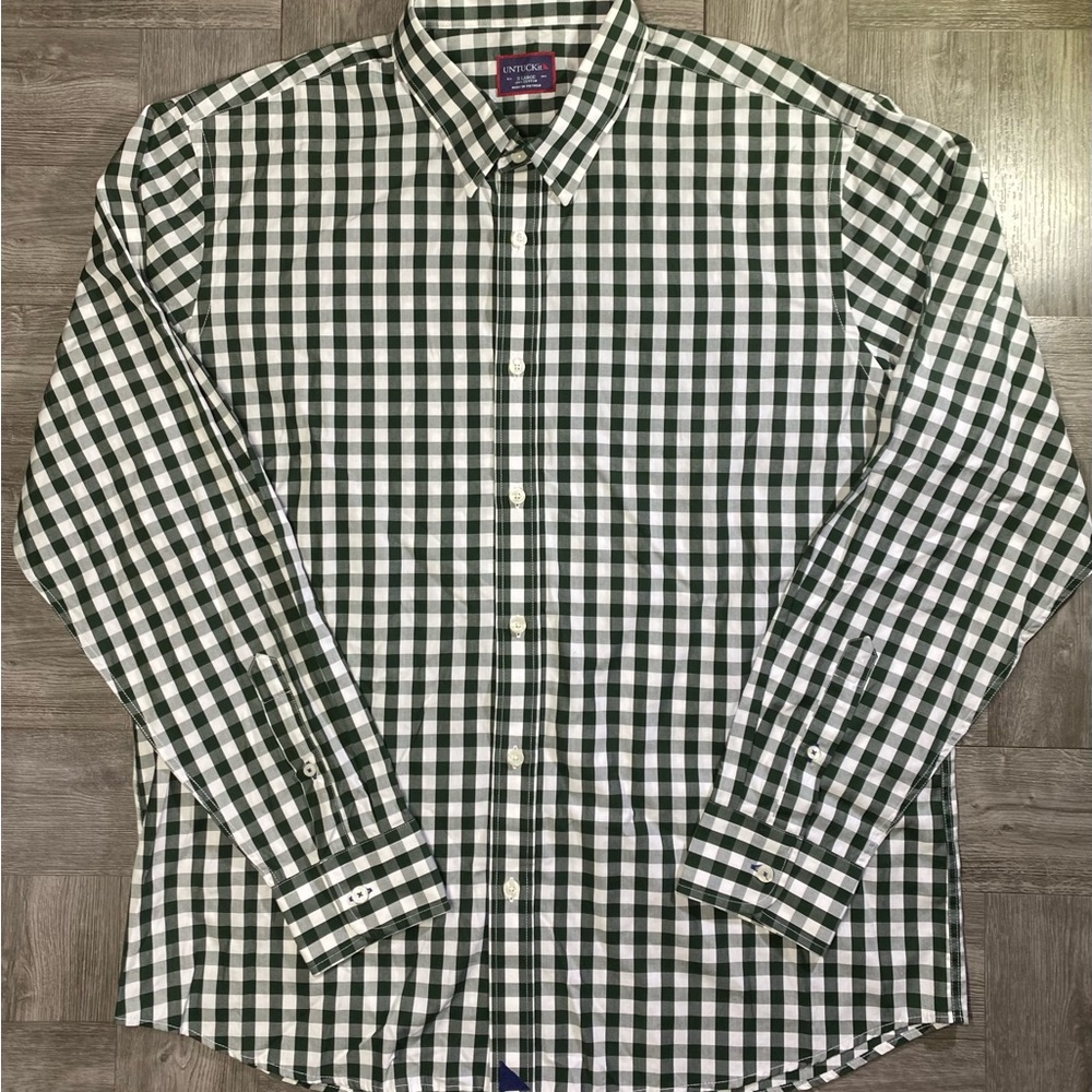 UNTUCKit Men's Button Down L/S Shirt - Dark Green Gingham Plaid Check - Size XL